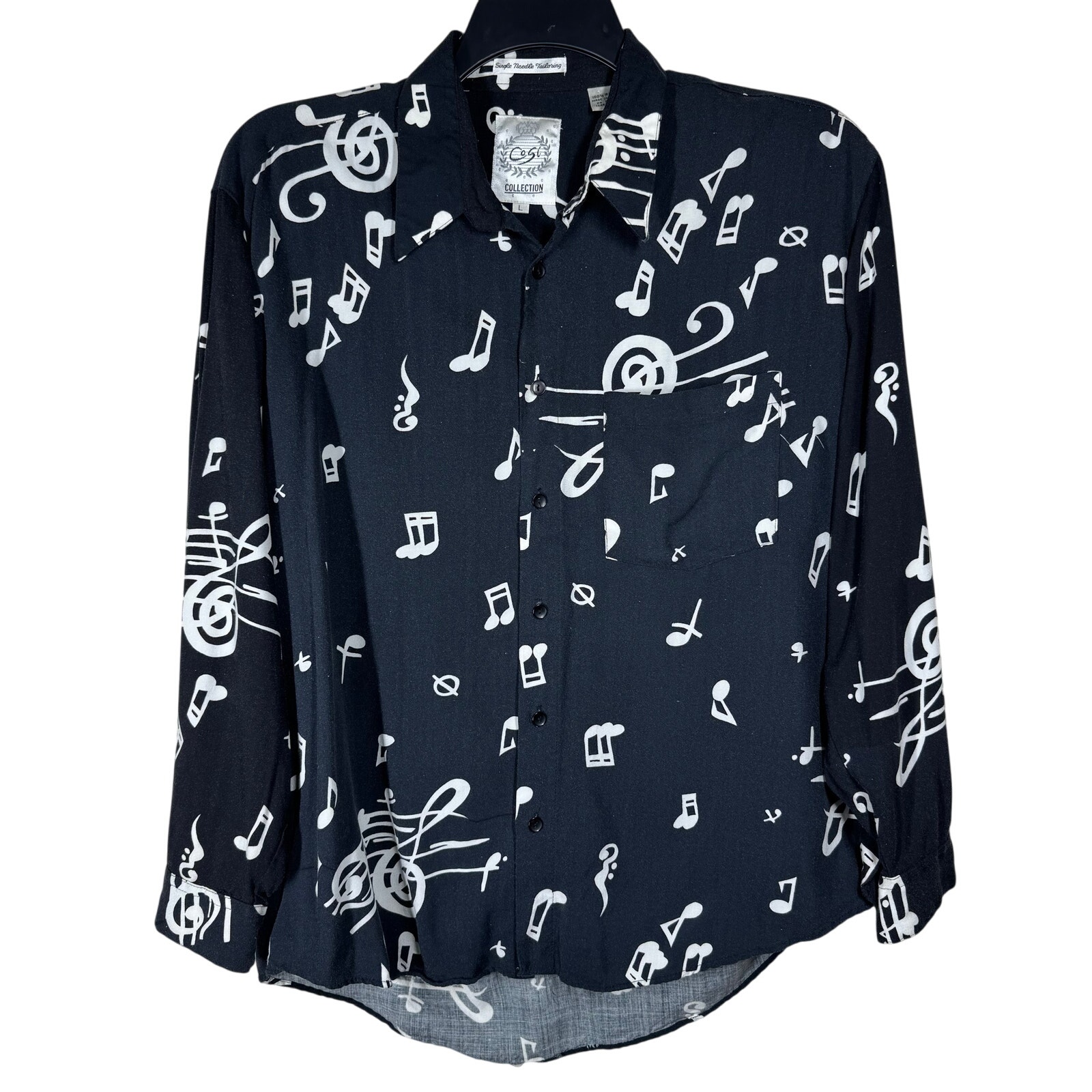 Vintage Cosi Music Note Shirt Size Large Rayon Black Button Up Single Needle 80s